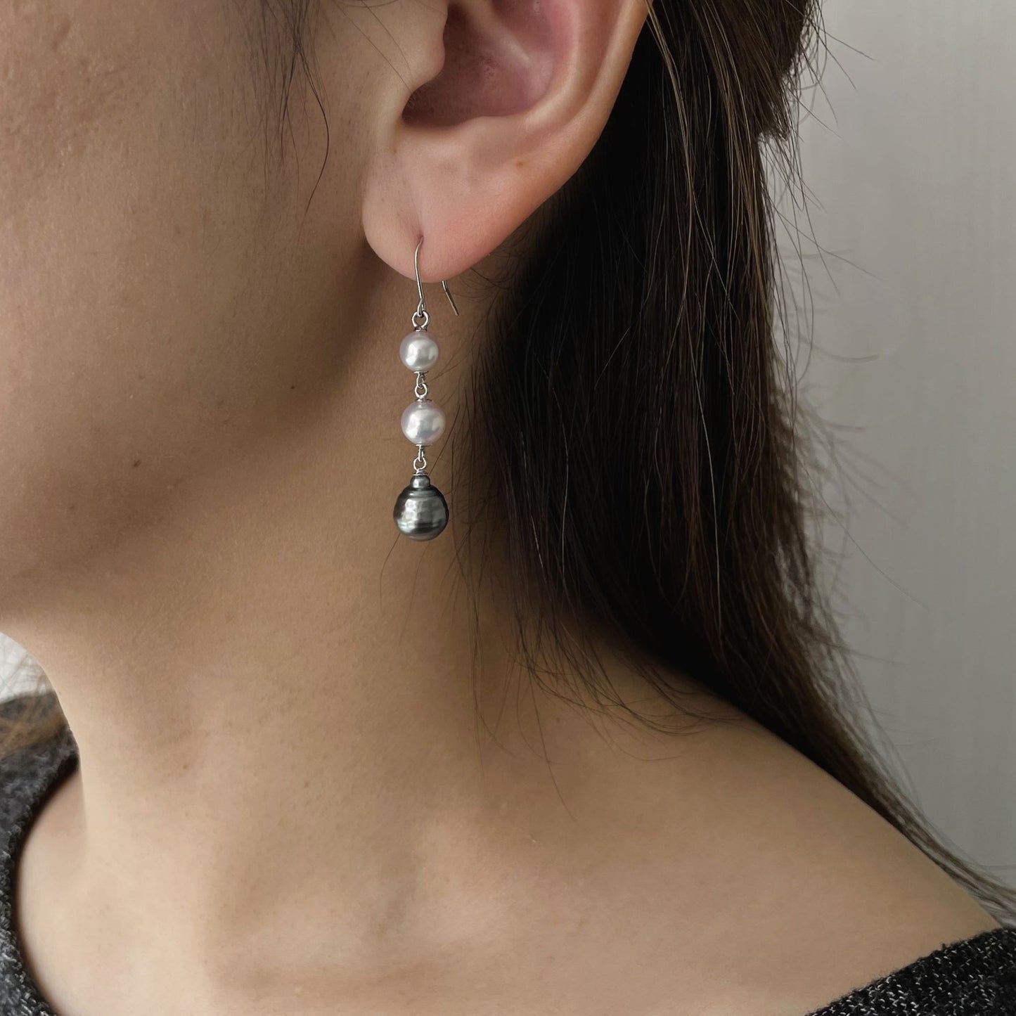 黒蝶&アコヤフックピアス/3pcs