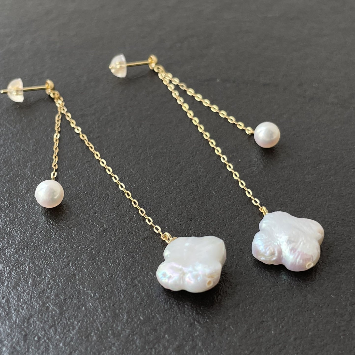 アコヤ&淡水パールピアス/花型/チェーンブラ