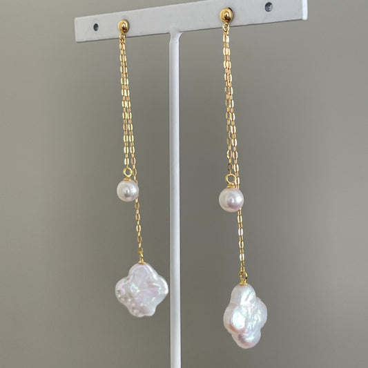 アコヤ＆淡水パールピアス/花型/チェーンブラ